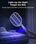 Foldable Electric Fly Swatter Racket with 4000V High Voltage in use with blue light in a dimly lit bedroom setting.