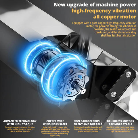 Pro Grade Cordless Concrete Screed Vibrator With 59 Inch Stainless Steel Straight Edge Board Brushless Motor 4800Mah Battery showing high-frequency copper motor.