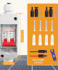 Front view of DC 500V Solar Panel Disconnect Switch 32A IP65 Waterproof Miniature Circuit Breaker Box with installation accessories.