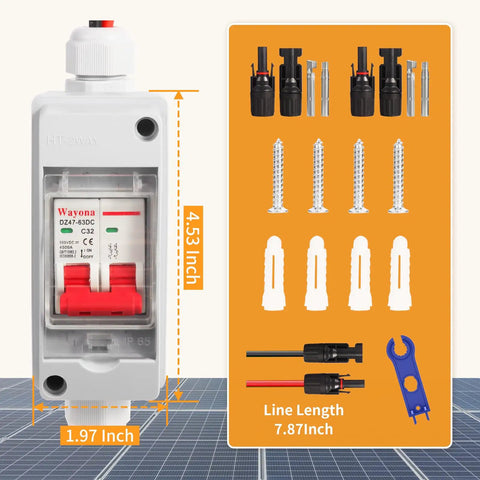 Front view of DC 500V Solar Panel Disconnect Switch 32A IP65 Waterproof Miniature Circuit Breaker Box with installation accessories.
