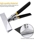 Hand seamer side view, 6in straight jaw sheet metal tool, chrome-vanadium alloy steel, ergonomic black handles.