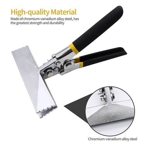 Hand seamer side view, 6in straight jaw sheet metal tool, chrome-vanadium alloy steel, ergonomic black handles.