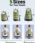 Lightweight Waterproof Dry Bag With Front Zip Pocket 10L Roll Top Closure Keeps Your Gear Dry For Travel Kayaking Boating Rafting Camping Hiking And Beach Days Green, shown in 5L, 10L, 20L sizes on models.