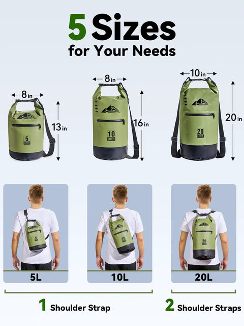 Lightweight Waterproof Dry Bag With Front Zip Pocket 10L Roll Top Closure Keeps Your Gear Dry For Travel Kayaking Boating Rafting Camping Hiking And Beach Days Green, shown in 5L, 10L, 20L sizes on models.