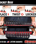 Pro Grade Hi Viz Socket Boss 3 Pack Organizer Set showing push button release, twist lock clips in use, holding sockets securely.