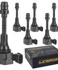 Ignition Coil Packs Set Of 6 For ThreePointFiveL And FourPointZeroL V6 Engines Compatible With Nissan Altima Maxima Murano Quest Pathfinder Xterra Infiniti I35 QX4 Suzuki Equator 2002 2009 Models Replacement Coils shown with packaging