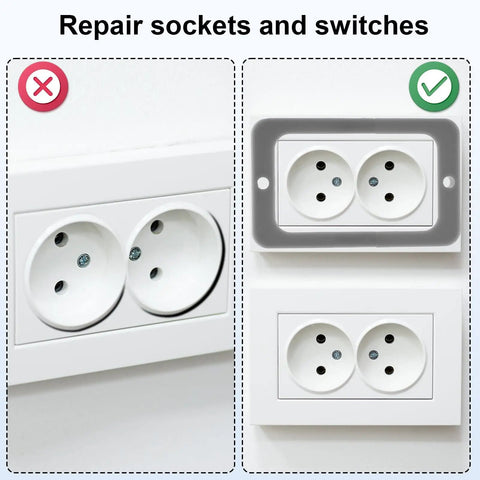 Diagram showing before and after installation of Six Pack Half Inch Single Gang Receptacle Box Extenders With Screws Gray for upgrading electrical outlets.