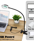 10x Desk Magnifier With Light, Flexible Gooseneck Clamp, 3 Light Colors And 10 Brightness Levels shown with USB power options