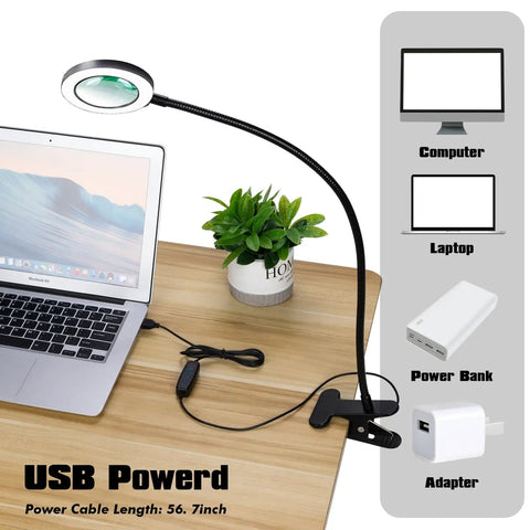 10x Desk Magnifier With Light, Flexible Gooseneck Clamp, 3 Light Colors And 10 Brightness Levels shown with USB power options