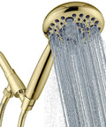 High Pressure Handheld Shower Head With Six Spray Settings Detachable Design 4.9 Inch Face, gold finish, water flowing