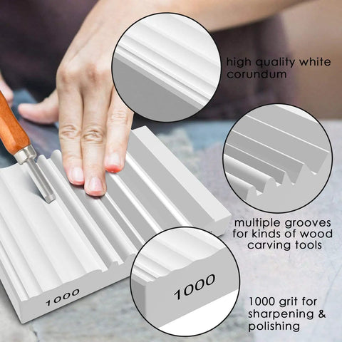 Wood Carving Sharpener 1000 Grit Whetstone With Extra Grooves For Chisels And Gouges, Durable White Corundum Stone For Woodworking Tools, Dope Edge Refinement For Fast, Smooth Sharpening By DIY Carvers, showing hand using it with a chisel.