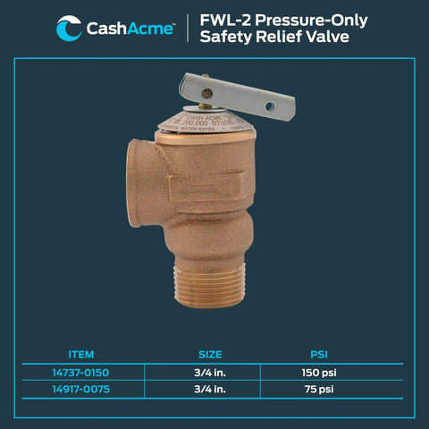 CashAcme FWL-2 RV pressure-relief valve, bronze, 3/4 in, 75 psi, lever