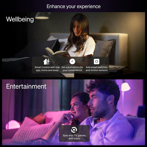 Smart Lighting Starter Kit With Bridge And Four Color Ambiance E26 Bulbs, 2200K To 6500K Dimmable in a living room setting