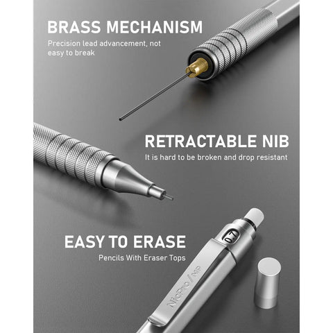 Close-up of 0.7mm Metal Mechanical Pencil Set With Case Three Pack MP1000 Pro Grade Drafting Kit showing nib, grip, and eraser cap.
