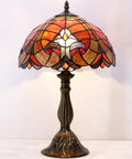 Tiffany Style Red Liaison Stained Glass Table Lamp With Antique Green Bronze Base, 12 Inch Shade And 18 Inch Tall Desk Light