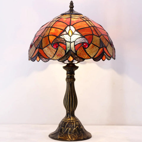 Tiffany Style Red Liaison Stained Glass Table Lamp With Antique Green Bronze Base, 12 Inch Shade And 18 Inch Tall Desk Light