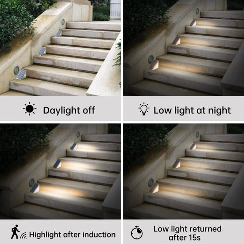 Motion Sensor Solar Waterproof LED Lights For Outdoor Stairs And Pathways on stone steps, day and night operation illustration