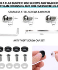 Universal Front License Plate Bracket Holder No Drill Mount Kit screws, washers, wrench, and anti-theft screw cap set displayed.