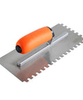 Squared Notch Tile And Flooring Trowel Pro Grade Stainless Steel with ergonomic rubber grip, 11x4.75in blade, 1/4in notch.