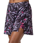 Side view of Mixie Bike Skirt For Women 16 Inch Front Slit Versatile Athletic Wrap Style Skirt, floral pattern, pull-on waistband