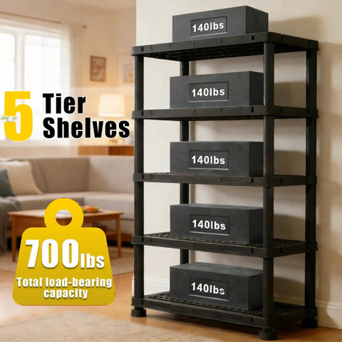 Beast Grade 72 Inch Tall Plastic Garage Storage Shelves With Five Robust Tiers Taking On Heavy Lifting Up To 700 Pounds No Sweat Free Standing Setup Perfect For Basement Tool Storage And Laundry Room Clutter Crushing