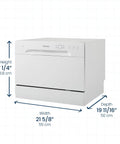 Compact Countertop Dishwasher With No Sweat Faucet Hookup Six Place Setting Capacity Six Rapid Wash Cycles Heavy Duty Silverware Tray Matte White Build side view with dimensions.