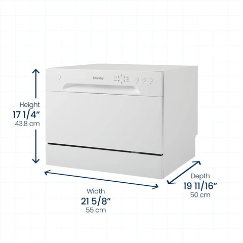 Compact Countertop Dishwasher With No Sweat Faucet Hookup Six Place Setting Capacity Six Rapid Wash Cycles Heavy Duty Silverware Tray Matte White Build side view with dimensions.