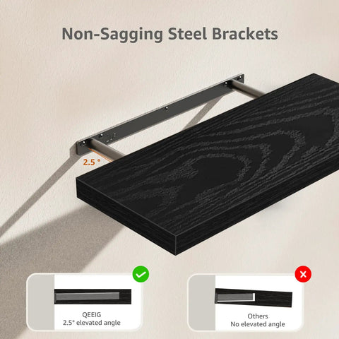 Rock Solid Two Pack Wall Mounted Shelves 23.6 Inch Long MDF Shelves with steel brackets shown in black finish