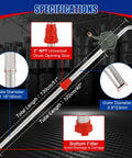 Specifications of Rugged Aluminum Drum Pump Fits 5 To 55 Gallon Containers, showing tube length and diameter details.