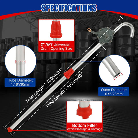 Specifications of Rugged Aluminum Drum Pump Fits 5 To 55 Gallon Containers, showing tube length and diameter details.