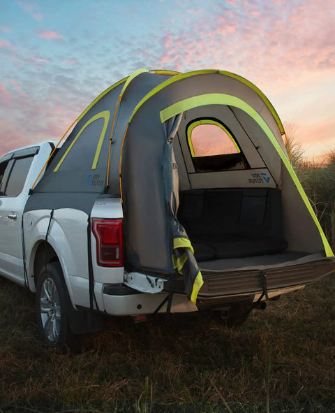 Five Foot Pickup Truck Tent 2.0 Double Layer Waterproof PU2000MM with rainfly set up on white truck at sunset, rear view