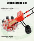 10 Nozzles Hand Push Garden Seeder With 8.27 Lbs Seed Storage Box showing seed loading and visualization window.