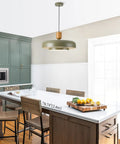 Mid Century Pendant Light 19 Inch Chandelier Featuring Bold Deep Green Shades Paired With Sleek Natural Wood And Polished Brass Accents A Legit Statement Fixture For Your Clean Modern Space in a kitchen setting.