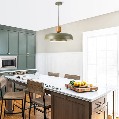 Mid Century Pendant Light 19 Inch Chandelier Featuring Bold Deep Green Shades Paired With Sleek Natural Wood And Polished Brass Accents A Legit Statement Fixture For Your Clean Modern Space in a kitchen setting.