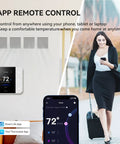 Smart WiFi Thermostat With 7 Day And 8 Period Programmable Schedule For Home Comfort, Alexa And Google Assistant Compatible, TJ-550, White, app control illustration with woman controlling temperature on phone