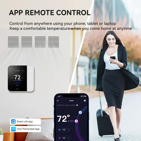Smart WiFi Thermostat With 7 Day And 8 Period Programmable Schedule For Home Comfort, Alexa And Google Assistant Compatible, TJ-550, White, app control illustration with woman controlling temperature on phone