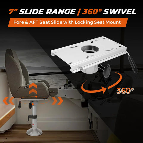 Boat seat pedestal mount with 2-7/8 in post and aluminum base; fore-aft slide with locking swivel (installed view)