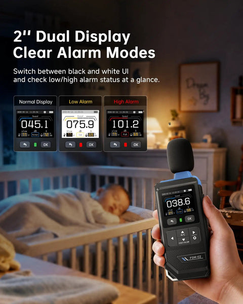 Real Time Decibel Meter With 2 Inch IPS Screen For Home And Office A Weighted Sound Level Meter Measuring 30 To 130 dB For TVs, Speakers, Appliances, Toys, Pool Pumps With Light And Dark Theme in nursery