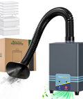 Straight Up Solder Fume Extractor Pulling Heavy Duty Airflow At 128 To 168 Cubic Meters Per Hour With Super Quiet controls, grey unit with hose.