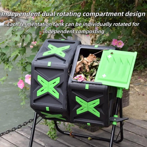 37 Gallon Dual Chamber Compost Tumbler With Sliding Doors For Outdoor Gardens Built Tough Rotating Bin With Metal Base