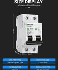 2 Pole 25 Amp AC Circuit Breaker For 120V 240V Systems DIN Rail Mount MCB With Visual Window Grid Tied Solar RV And Home Circuits Easy Plug And Play Reset Flame Retardant Shell High Safety. Size display of white 2-pole DIN rail breaker, 81mm x 66mm x 35mm