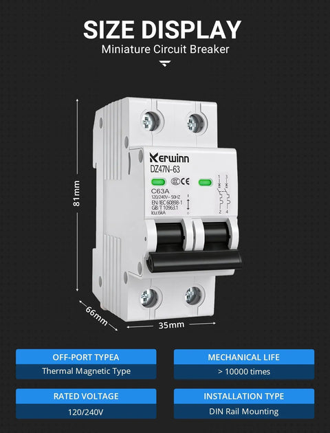 2 Pole 25 Amp AC Circuit Breaker For 120V 240V Systems DIN Rail Mount MCB With Visual Window Grid Tied Solar RV And Home Circuits Easy Plug And Play Reset Flame Retardant Shell High Safety. Size display of white 2-pole DIN rail breaker, 81mm x 66mm x 35mm