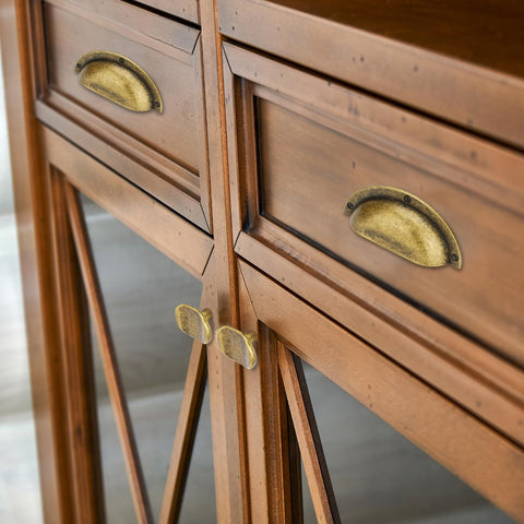 Close-up of cabinet with Six Pack Antique Brass Zinc Alloy Cabinet Knobs Heavy Duty Solid Square Pulls For Cabinets And Dressers Rustic Vintage Hardware With M4 Screws Included Fits 0.67 To 1.45 Inch Thick Doors And Drawers