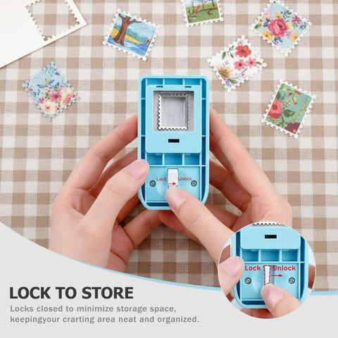 Person holding Rectangular Stamp Puncher Kit 0.8 Inch with lever action, creating decorative postage stamp designs on colorful paper sheets.