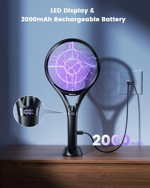 Electric Fly Swatter With LED Display And USB Rechargeable 2000mAh Battery, shown on a stand with power cable connected.
