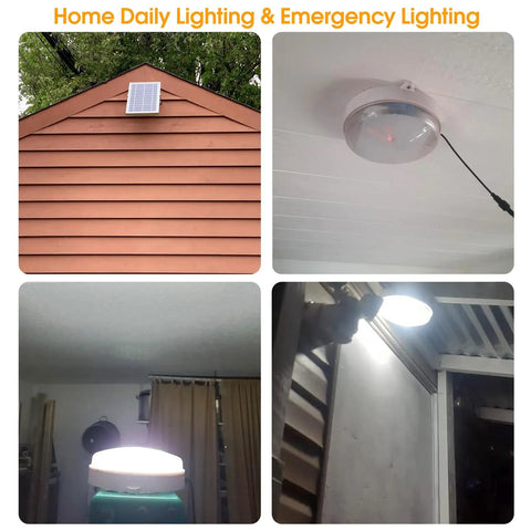 Four images showing Solar Ceiling Light With Remote Control, Dimmable Daylight To Warm White, 1000 Lumen Outdoor Solar Shed Light for various uses.