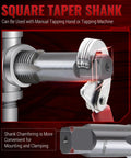 Close-up of square taper shank showing 6 Piece NPT Pipe Tap Set For One Inch, Three Quarters, One Half, Three Eighths, One Quarter, And One Eighth Inch Taps, High Carbon Chrome Steel Hand Threading Plumbing Tools For Clean Accurate Threads, DIY Ready taped hand in use on plumbing pipe.
