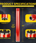 2 Inch Diamond Drill Core Bits For Concrete Masonry Brick And Stone Wet Laser Welded Core Bit With 14 Inch Drilling Depth Arbor Up To Seven Inches Ideal For Construction And DIY Home Renovation showing product specifications and features in red with labeled parts. Includes close-up of segment and laser welding.