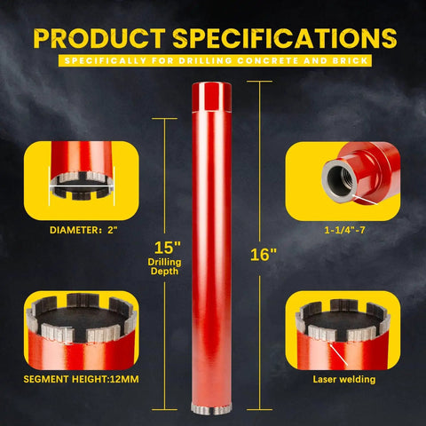 2 Inch Diamond Drill Core Bits For Concrete Masonry Brick And Stone Wet Laser Welded Core Bit With 14 Inch Drilling Depth Arbor Up To Seven Inches Ideal For Construction And DIY Home Renovation showing product specifications and features in red with labeled parts. Includes close-up of segment and laser welding.