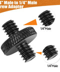 Four Pack One Quarter Inch Male To One Quarter Inch Male Tripod Screws, Double Head Converter close-up view, precision steel hardware